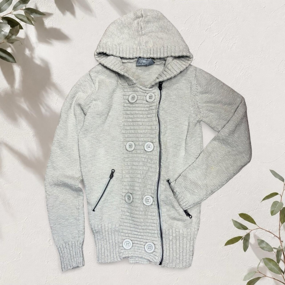 Daytrip Gray Oatmeal Knit Zip Up Hoodie Sweater Y2K Button Detail Large
